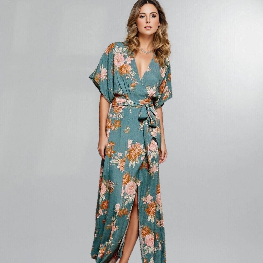 Floral Kimono Sleeve Midi Wrap Dress